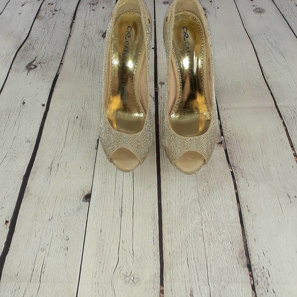Carlo Rossetti Gold Weave Fabric  Faux Leather Peep Toe Size 7 High Heels - Picture 2 of 8